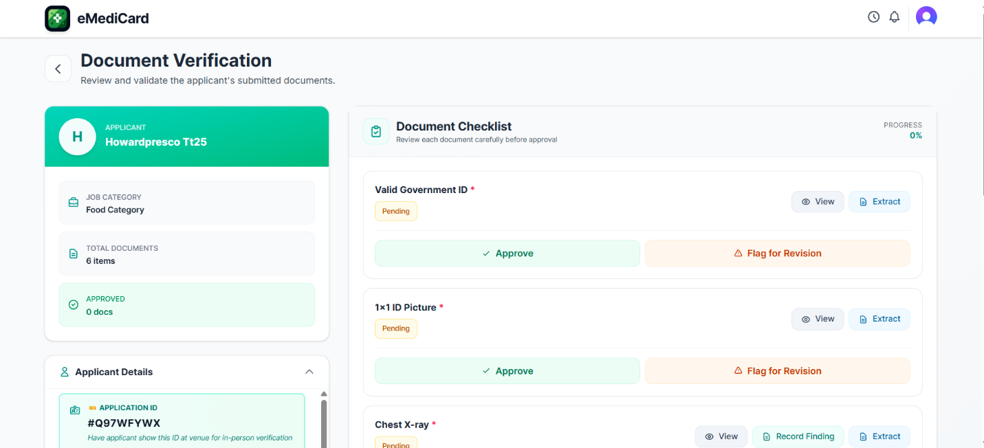 EMEDICARD web admin document verification screen