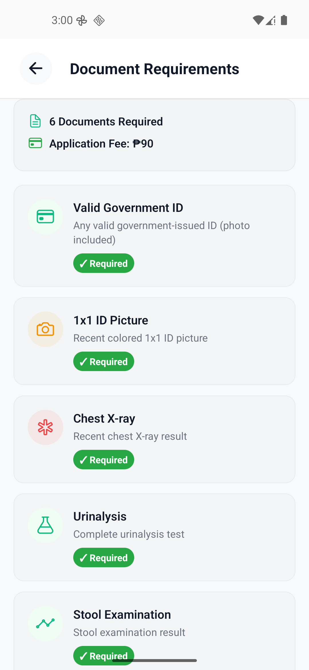 EMEDICARD document requirements checklist screen
